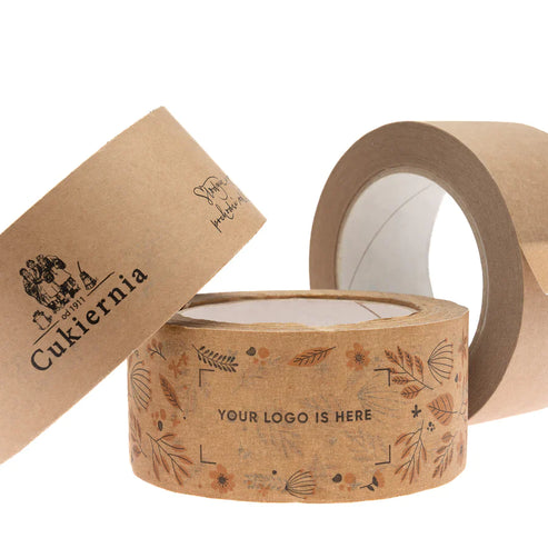 Paper tape with natural rubber adhesive. Large selection of eco-friendly paper tapes. Paper tape can be personalised.